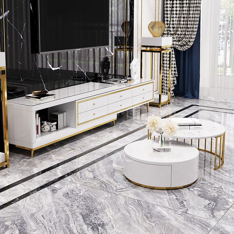 Glam – console sur pied en verre, tiroirs inclus, console multimédia avec pieds