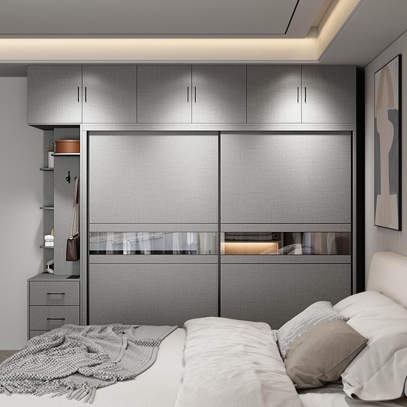 Contemporary Wooden Wardrobe Gray Colour Wardrobe Closet with Sliding Door
