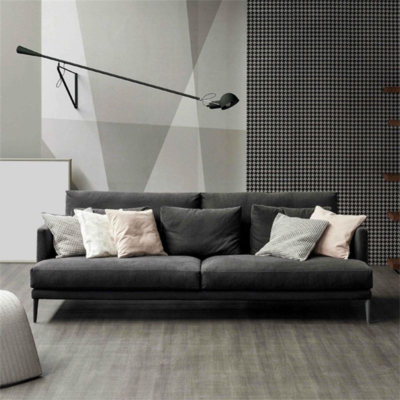 Black/White 3-seat Fabric Sofa Square Arm Sofa with Bolster Pillows