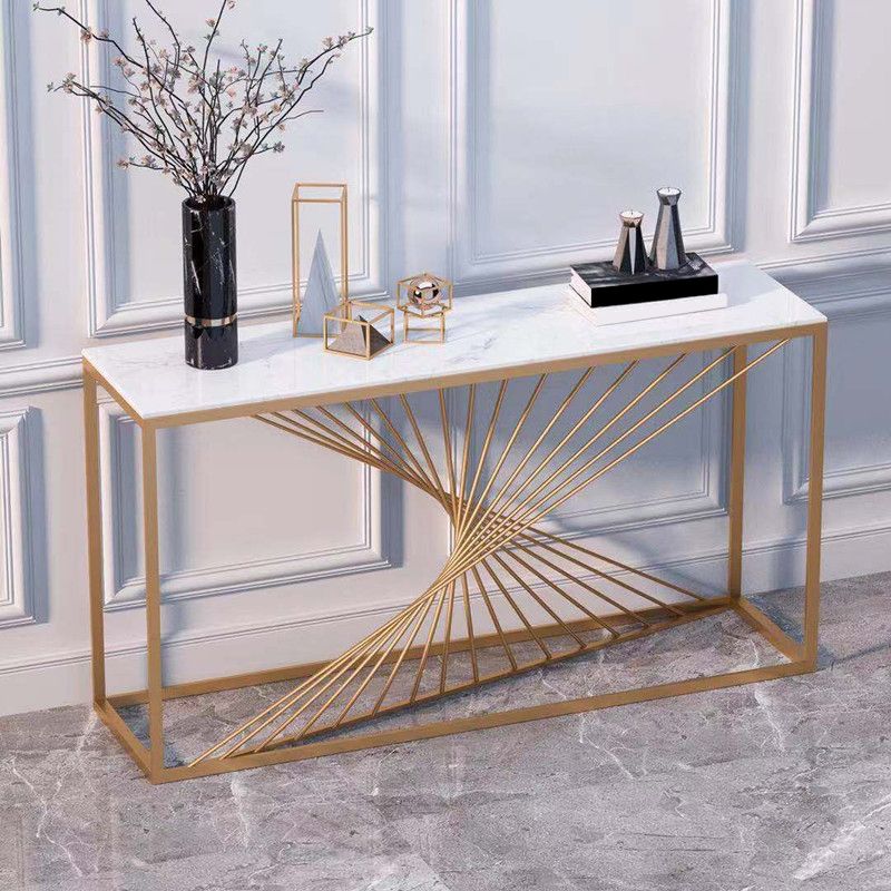Glam Rectangle Console Table Antique Finish Console Sofa Table in Marble