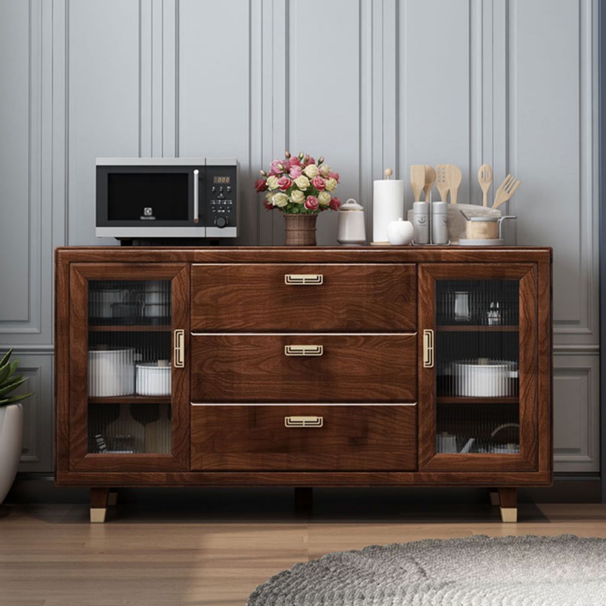 Modern Rubberwood Solid Wood Sideboard 34.5" H Brown Credenza for Dining Room Clearhalo 'buffet_sideboard' 'Buffets & Sideboards' 'Furniture' 'furniture_buffet_sideboard' 'Kitchen & Dining Furniture' 1200x1200_1bc9e8b0-db19-4df7-a186-14c6d544b1dc