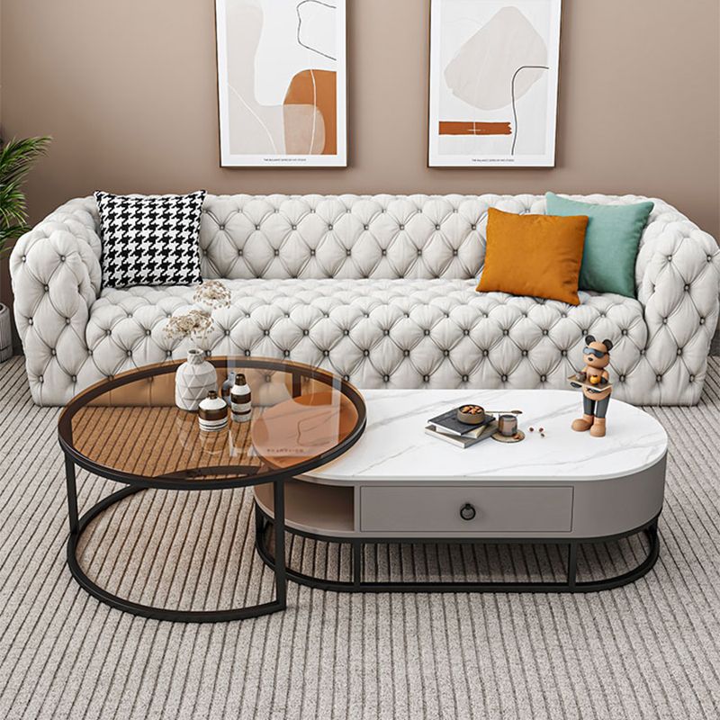 Oval Glass & Slate Coffee Table Set Frame Cocktail Table with Drawers Clearhalo 'Coffee & Accent Tables' 'Coffee Tables' 'coffee_tables' 'furn' 'furn_coffee_tables' 'Furniture' 'Living Room Furniture' 1200x1200_1bd93f9d-da6c-4796-942f-4dbfcfe5a210