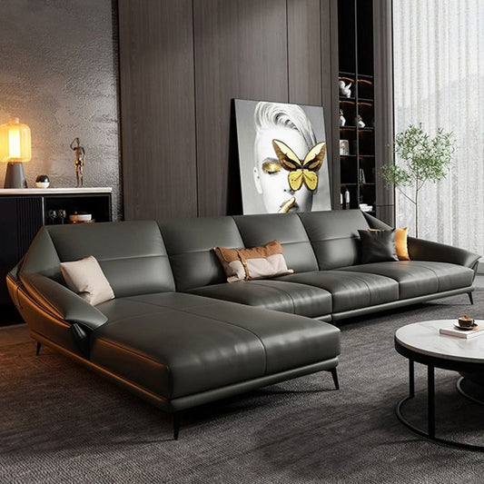 Glam Sofa Chaise Stationary Genuine Leather Flared Arm Cushions Seating