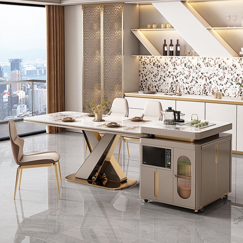 Glossy Beige Dinette Table with Metal Base Modern Dining Table for Home Clearhalo 'Dining Tables & Seating' 'Dining Tables' 'dining_table' 'furn' 'furn_dining_table' 'Furniture' 'Kitchen & Dining Furniture' 1200x1200_1bec3d46-c096-46bf-9a79-4f7a0c44ef3d