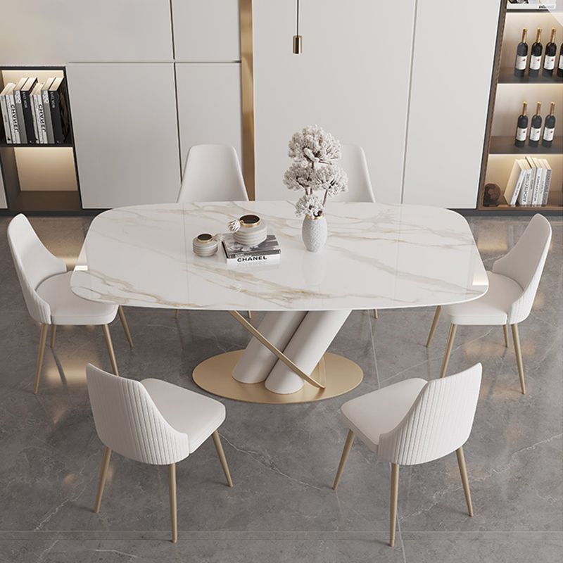 Contemporary Style Sintered Stone Dining Table with White Fixed Table and Trestle Base Clearhalo 'Dining Room Sets' 'Dining Tables & Seating' 'dining_room_set' 'furn' 'furn_dining_room_set' 'Furniture' 'furniture_dining_room_set' 'Kitchen & Dining Furniture' 'kitchen&dining_furn' 'kitchen' 1200x1200_1c207ad0-efa1-47bb-abe2-8c40fd9afdbe