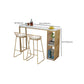 Mesa de pub con base dorada, mármol sintético y mesa de bar blanca con 2 estantes