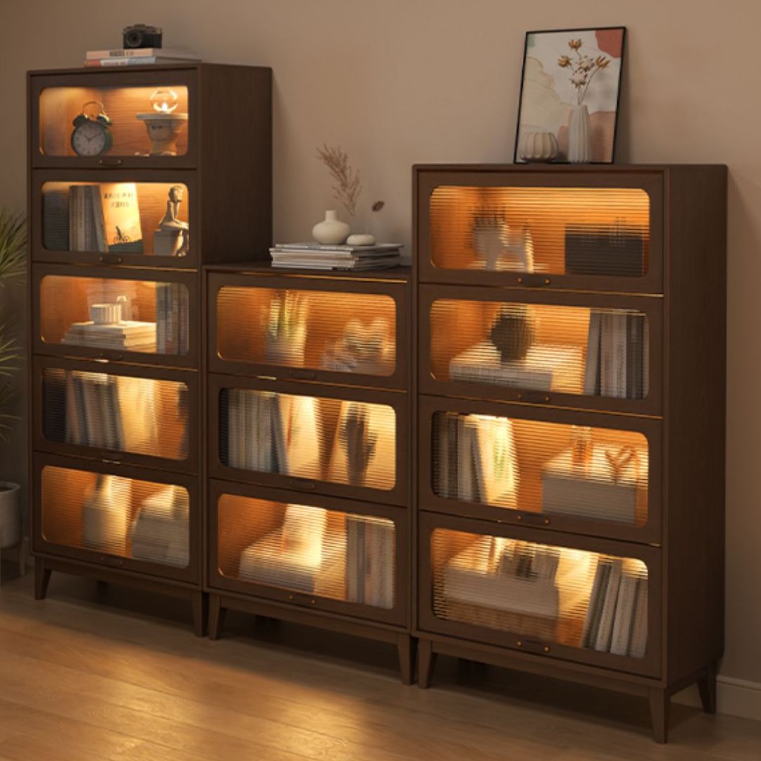 Mid-Century Modern Glass Paned Cabinet,  Solid Wood Accent Cabinet