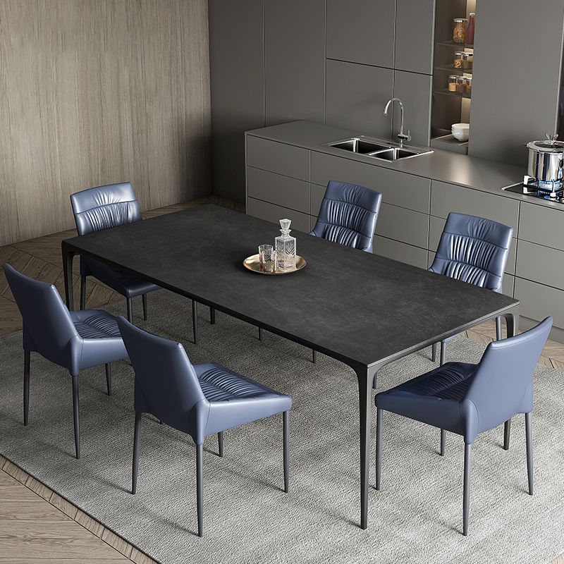 Modern Rectangular Grey Stone Top Dining Table with 4 Black Legs Clearhalo 'Dining Tables & Seating' 'Dining Tables' 'dining_table' 'furn' 'furn_dining_table' 'Furniture' 'Kitchen & Dining Furniture' 1200x1200_1c561f28-545d-4dff-a3ee-66811a69ec82