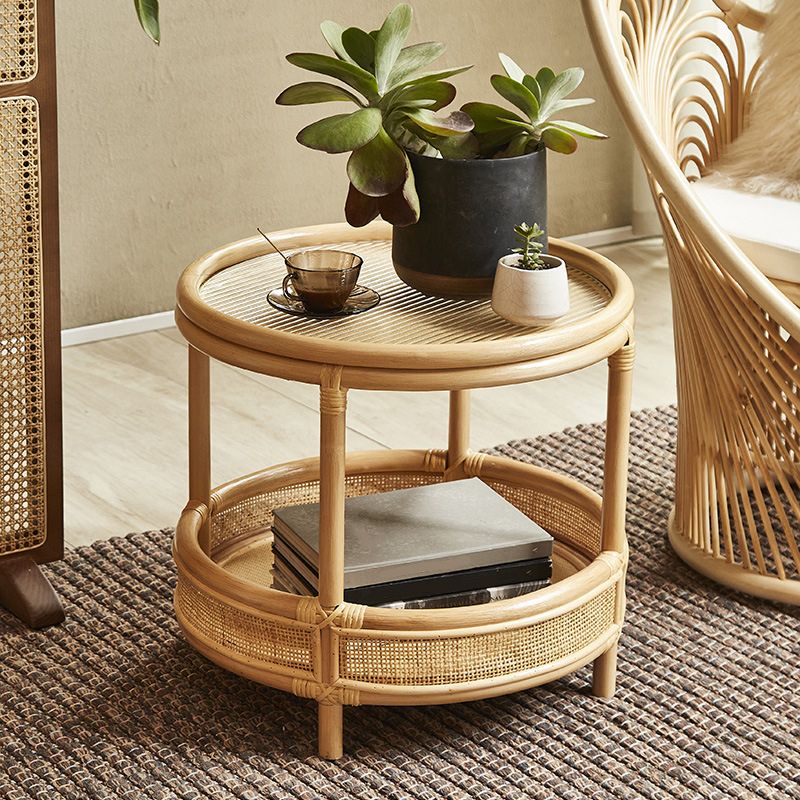 Tropical Round Cocktail Table Light Wood Coffee Cocktail Table with Storage
