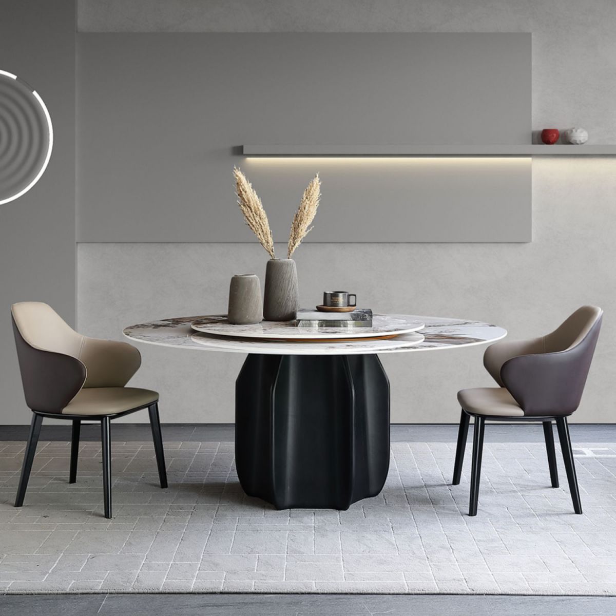 Mesa de comedor redonda Top de piedra moderna Mesa de comedor con pedestal de madera maciza