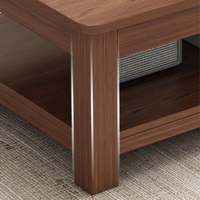 Modern 17.7" H Brown/ Natural Rectangle Wooden 4 Legs Coffee Table with Shelf