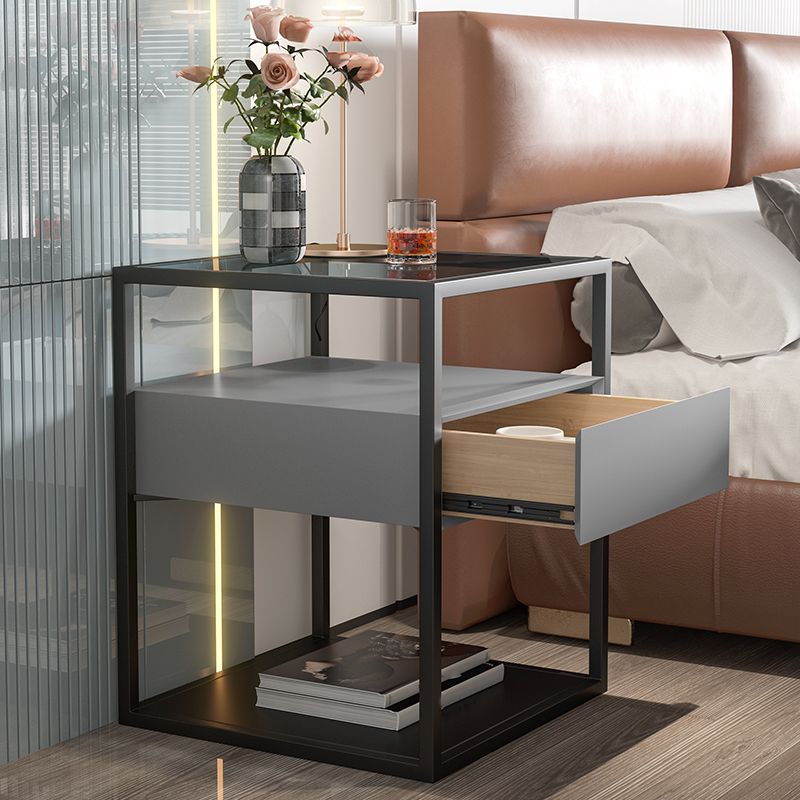 Moderner Nachttisch mit 1 Schublade, Glasplatte und 1 Ablage, 54 cm hoch