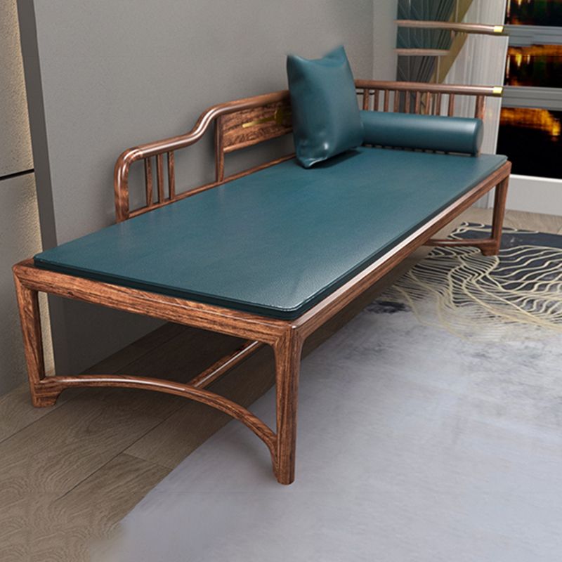 Chaise longue tradizionale marrone con braccioli in legno con braccioli rotondi per camera da letto, soggiorno