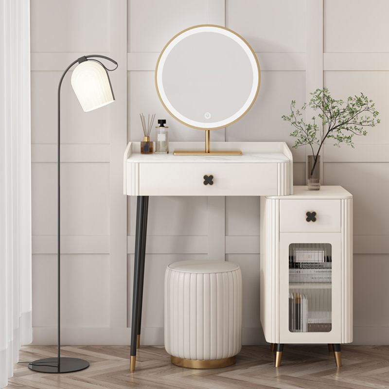 Contemporary Stone Vanity Dressing Table Set with Stool in White of 29.53" H