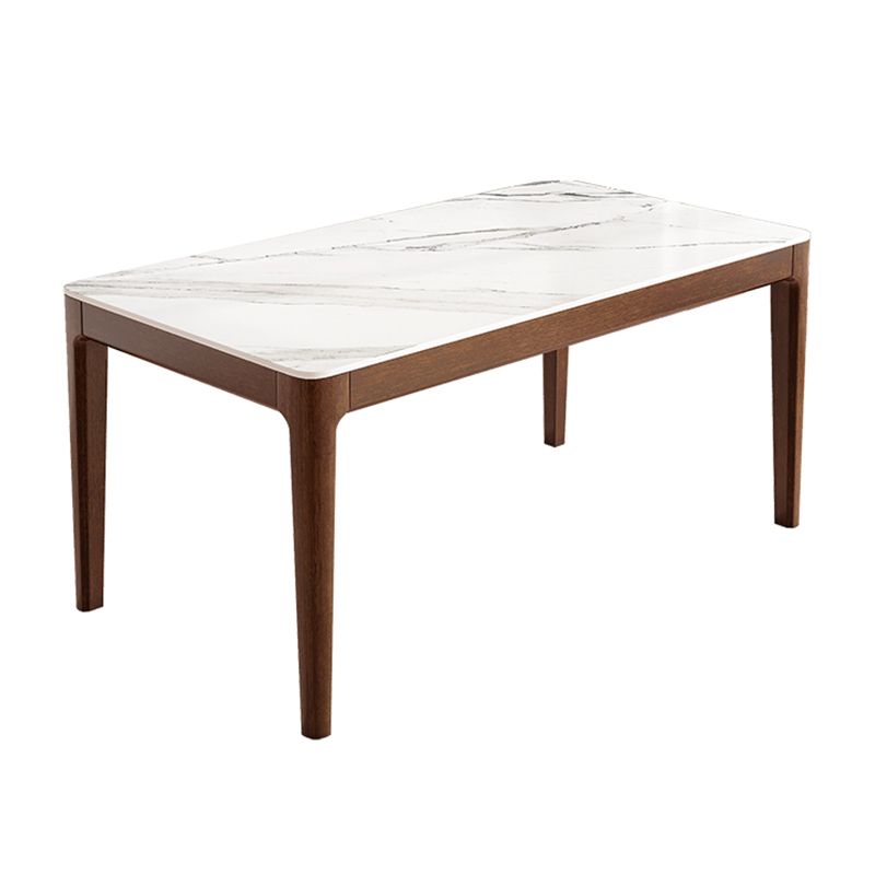 Modern Rectangular Stone Top White Dining Table with 4 Brown Rubberwood Legs Clearhalo 'Dining Tables & Seating' 'Dining Tables' 'dining_table' 'furn' 'furn_dining_table' 'Furniture' 'Kitchen & Dining Furniture' 1200x1200_1ca743c7-eade-4f2b-8c1c-0be66c88a105