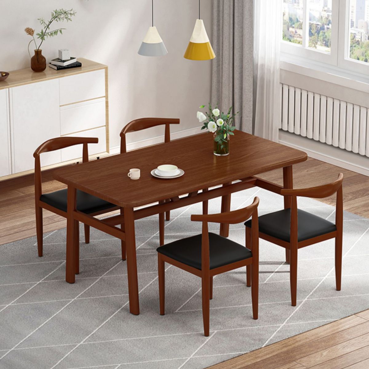 Contemporary Rectangular Wooden Dining Table with Stainless Steel Trestle Clearhalo 'Dining Tables & Seating' 'Dining Tables' 'dining_table' 'furn' 'furn_dining_table' 'Furniture' 'Kitchen & Dining Furniture' 1200x1200_1cace944-ca29-4635-8a48-1e4d78f0cedc