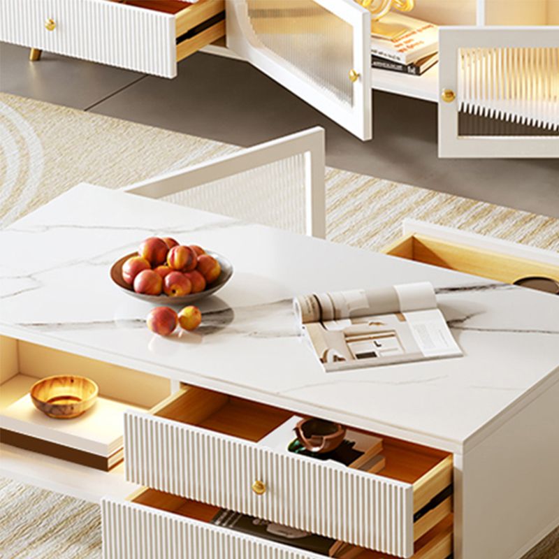 Glam Rectangle Solid Wood Coffee Table 4 Legs with 4 Drawers