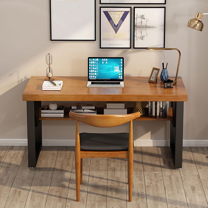 Wooden Rectangular Office Desk Brown Home Writing Desk with Shelf with Metal Legs