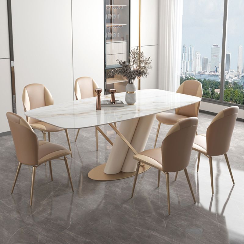 Minimalist Rectangle Dining Set for 4/6 with Glod Chairs Sintered Stone Dining Table with Metal Base Clearhalo 'Dining Room Sets' 'Dining Tables & Seating' 'dining_room_set' 'furn' 'furn_dining_room_set' 'Furniture' 'furniture_dining_room_set' 'Kitchen & Dining Furniture' 'kitchen&dining_furn' 'kitchen' 1200x1200_1d0ff0d9-67ad-4ed3-a3b7-057f1857d74e