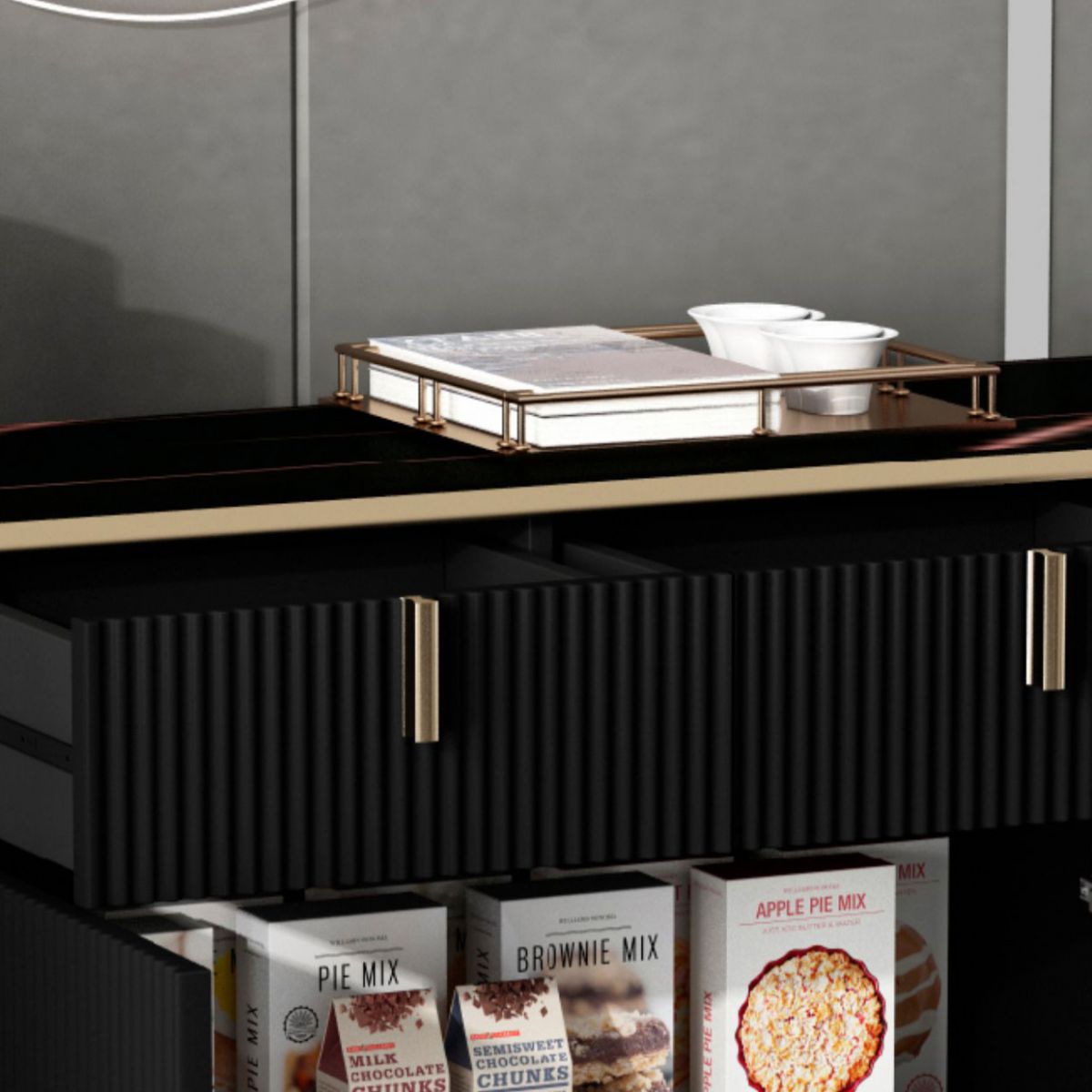 Server top nero in stile glam con porta e cassetto per soggiorno