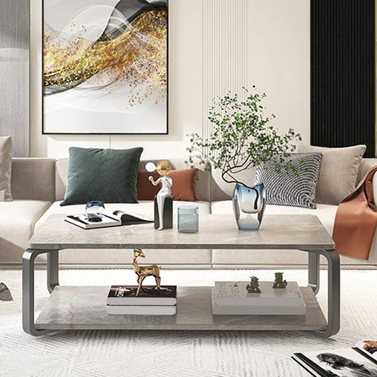 Modern Wooden Rectangular Top Coffee Table Steel 4 Legs Cocktail Table with Shelf