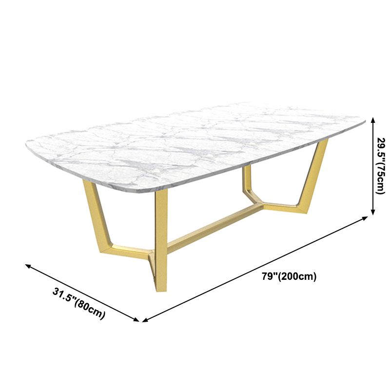 Rectangle White Sintered Stone Top Table Trestle Base Dining Table, Metal in Gold Clearhalo ' dining_table' 'Dining Tables & Seating' 'Dining Tables' 'furn' 'furn_dining_table' 'Furniture' 'furniture_dining_table' 'Kitchen & Dining Furniture' 'kitchen&dining_furn' 'kitchen' 'kitchen_dining_table' 1200x1200_1da4f9c6-14b9-4fa7-a341-4fa452d0e840