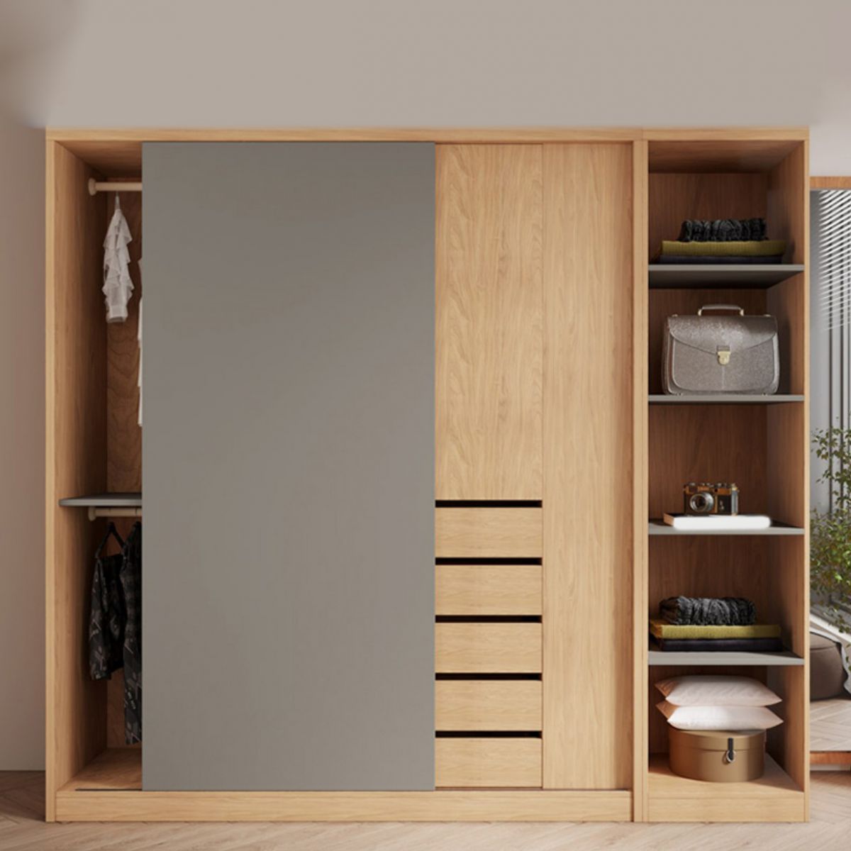 Natural Finish Modern Wardrobe Armoire Solid Wood and Engineered Wood Armoire