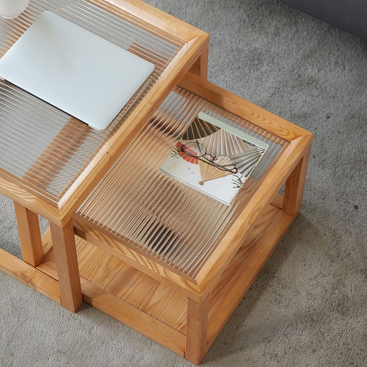 Tavolino da caffè moderno con piano in vetro Tavolo da cocktail quadrato in legno naturale