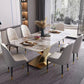 Luxury Sintered Stone Dining Table Rectangle Table with Single Pedestal in Gold Clearhalo 'Dining Tables & Seating' 'Dining Tables' 'dining_table' 'furn' 'furn_dining_table' 'Furniture' 'furniture_dining_table' 'Kitchen & Dining Furniture' 'kitchen' 'kitchen_dining_table' 1200x1200_1ddb33bc-fc4a-4419-80e4-ca656b5f8fb3