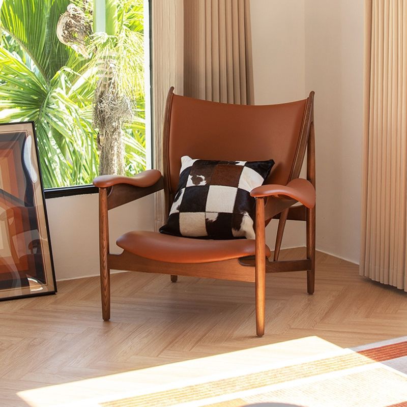 Traditional Living Room Accent Armchair Genuine Leather Brown Accent Armchair