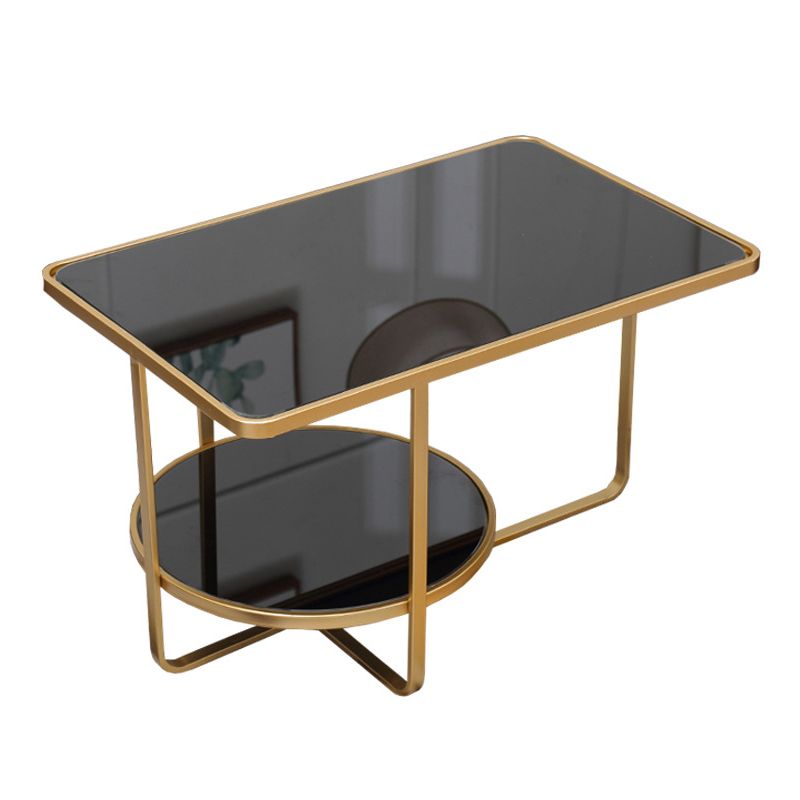 Contemporary Rectangle Glass Top Coffee Table with Shelf and Cross Legs