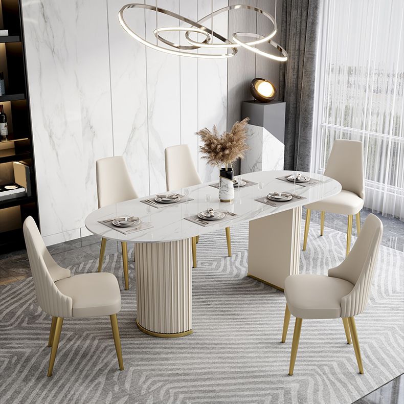 Mesa de piedra sinterizada de lujo mesa blanca ovalada con pedestal doble