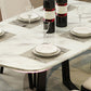 Mesa de comedor blanca de piedra rectangular moderna con base de caballete negro de cenizas
