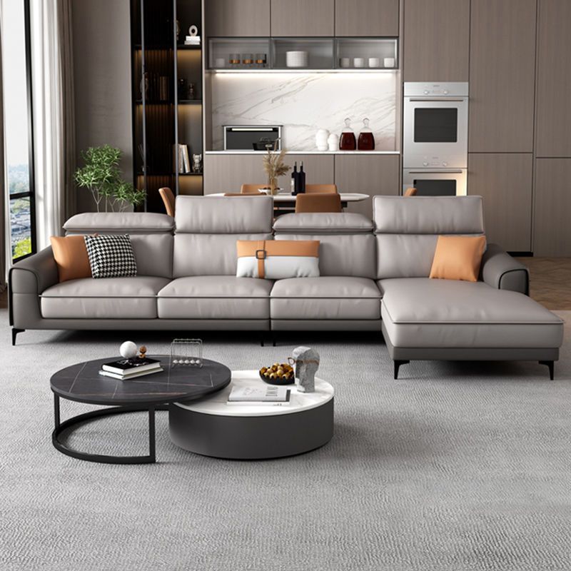 Faux lederen vierkante arm sectionals, 137 "l sectioneel grijs met kussens metalen benen