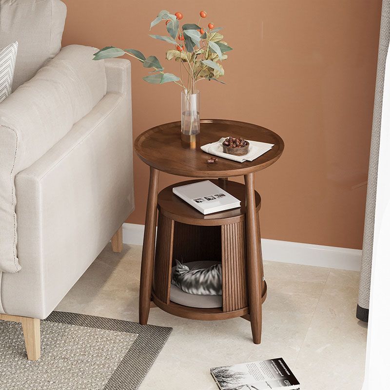 Scandinavian Round Solid Wood Top Side Table 23.6-inch 3 Legs End Table with Storage