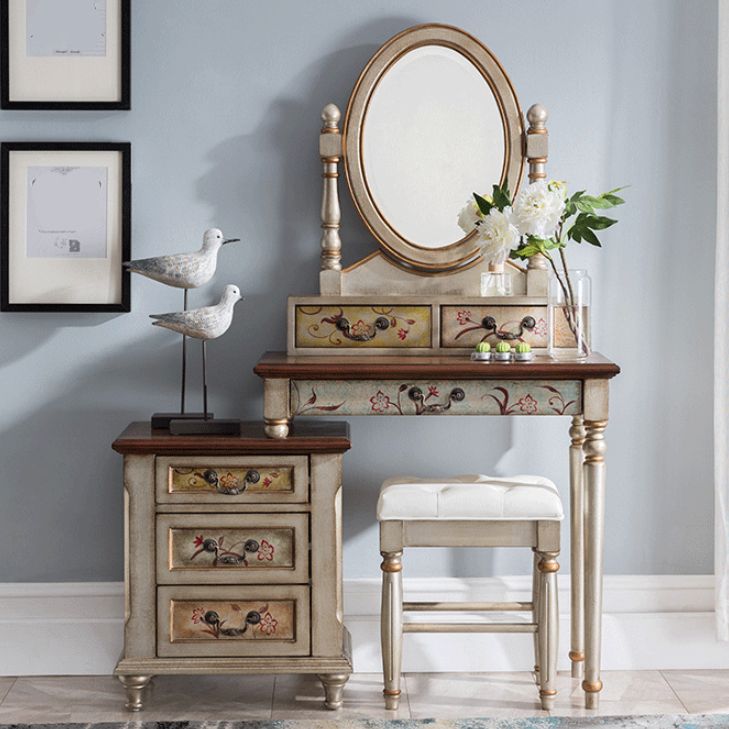 Victorian Wood Vanity e sgabello da toeletta con cassetti di stoccaggio