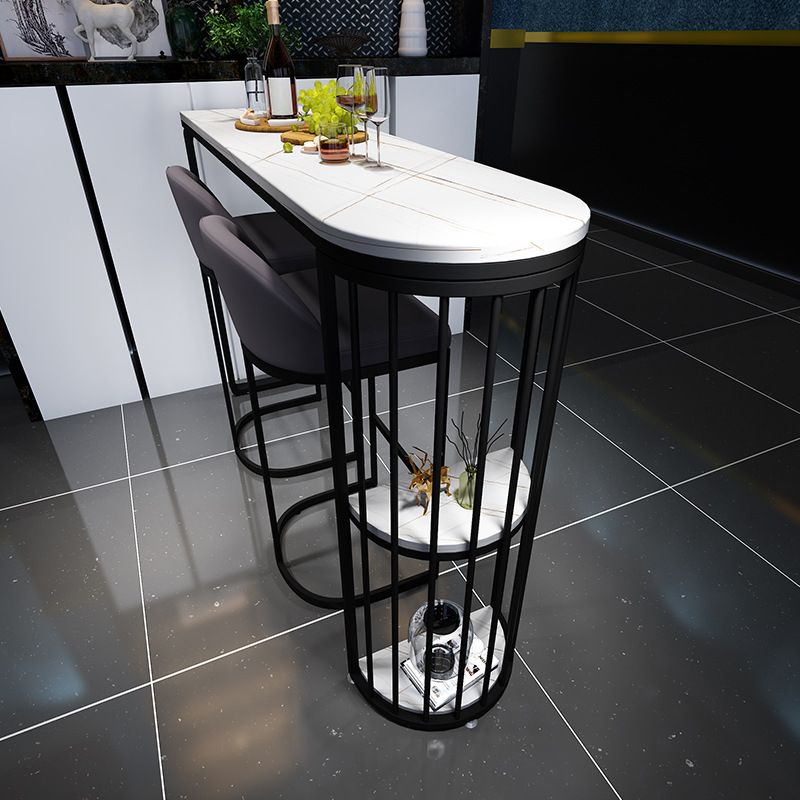 Stone Indoor Industrial Bar Dining Table Black Double Pedestal Bistro Table with Shelve Clearhalo 'Bar Furniture' 'Bar Tables' 'bar_tables' 'furn' 'furn_bar_tables' 'Furniture' 'furniture_bar_tables' 'Kitchen & Dining Furniture' 'kitchen&dining_furn' 'kitchen' 1200x1200_1e4b8799-7f4a-47a3-873f-2c7ee00340ce