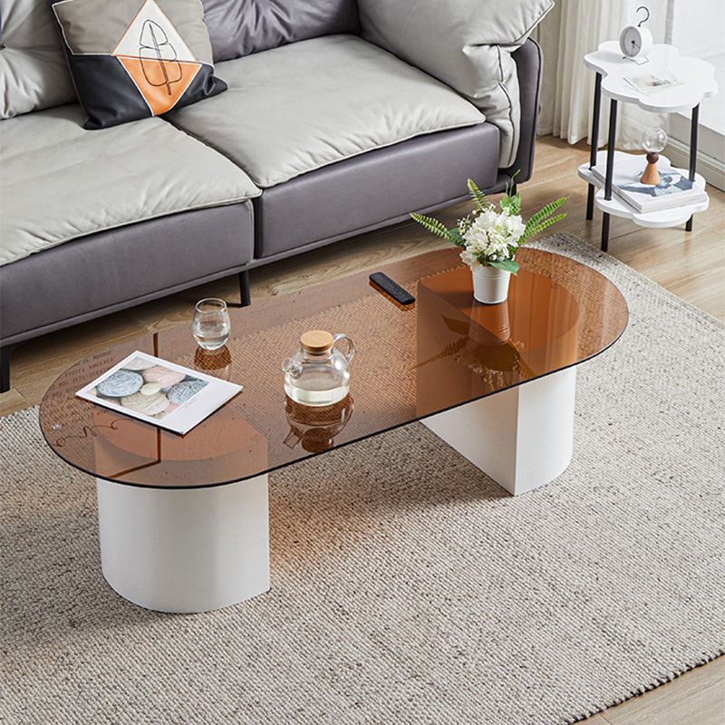 Modern Oval Glass Top Coffee Table with White Wooden Base Cocktail Table