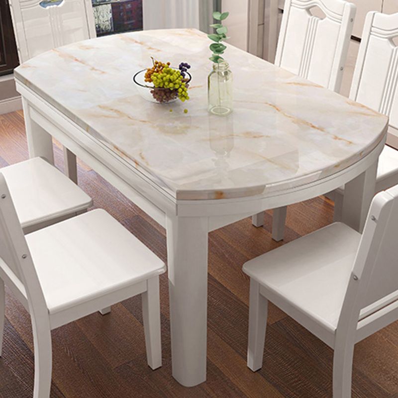 Moderne ronde witte stenen top intrekbare eettafel met 4 rubberwood benen