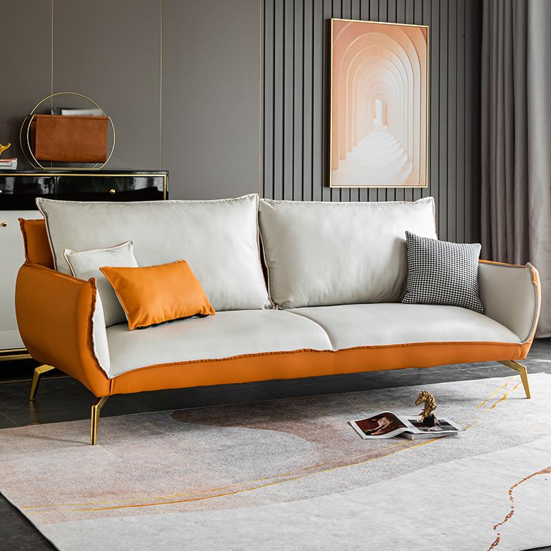 Ultra-Modern Beige Upholstered Sofa Pillow Back Couch with Brass Legs Clearhalo 'furn' 'furn_sofas' 'Furniture' 'furniture_sofas' 'Living Room Furniture' 'Sofa' 'sofas' 1200x1200_1e7f757d-38ab-4176-b93f-cbf7b37ce809