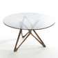 Modern Round Glass Desktop Dining Table Walnut Base for Dining Room