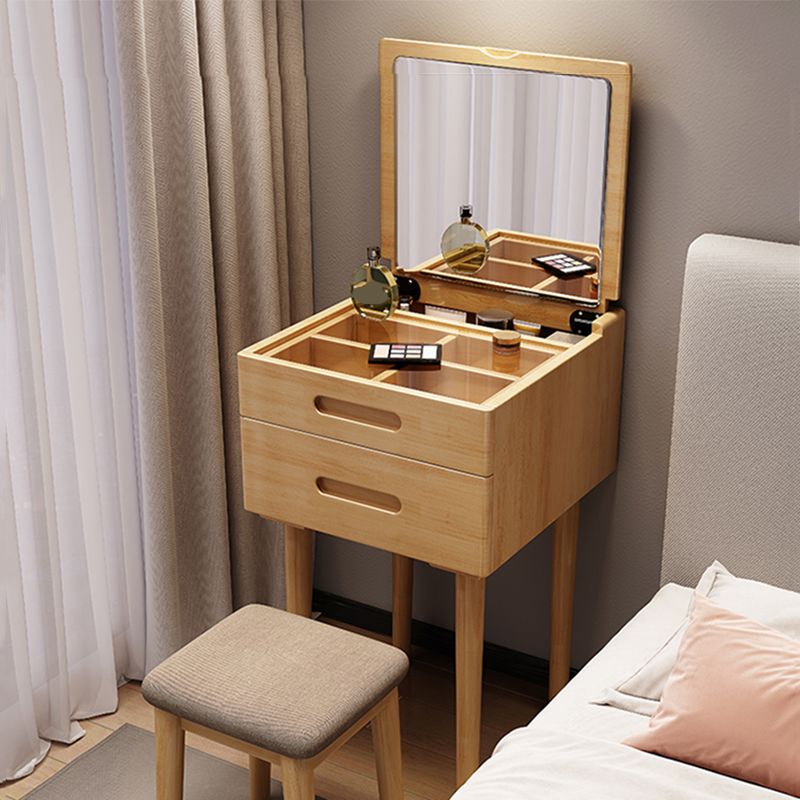 Traditional Solid Wood 2 Drawers Vanity Table with Mirror and Stool
