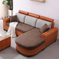 Sofá de ratán tropical de 3 plazas con chaise longue con brazos volumétricos marrones y respaldo suelto