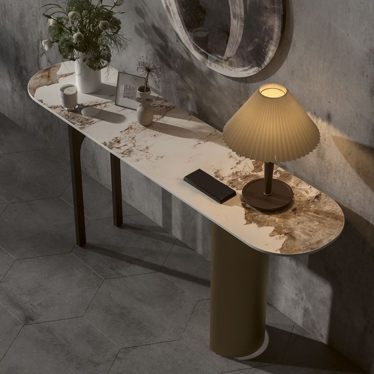 16 Inch Wide Glam Accent Table Oval Stone Console Table for Hall