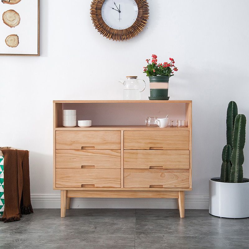 Contemporary Natural Wooden Chest with Shelf and 6 Drawers Accent Chest