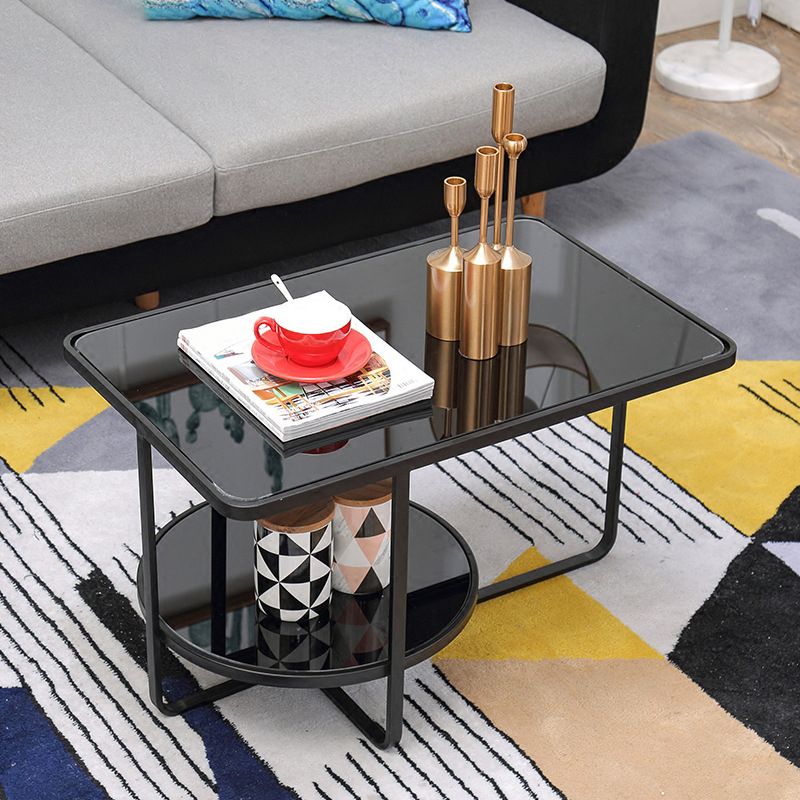 Contemporary Rectangle Glass Top Coffee Table with Shelf and Cross Legs