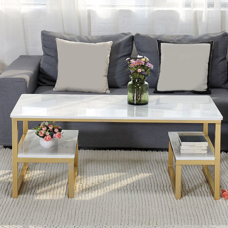 Glam Rectangle Marble Top Table with 2 Storag Shelves and Iron Base