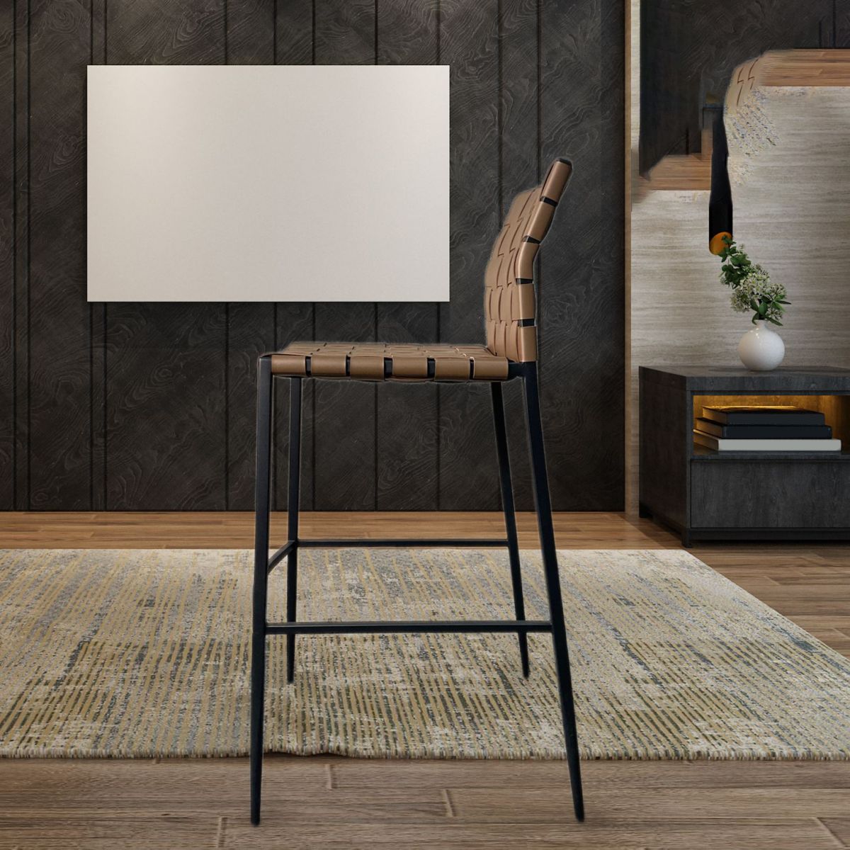 Sgabello da bar in pelle da bar senza sproolino in stile industriale con zampe metalliche