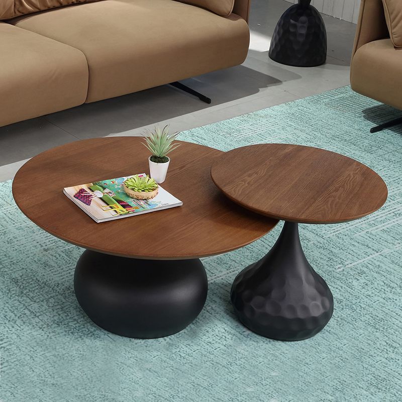 Modern Round Wooden Coffee Table Iron Pedestal Cocktail Table