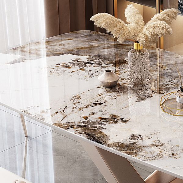 Rectangular Luxury White Stone Top Dining Table with Metal Pedestal Clearhalo 'Dining Tables & Seating' 'Dining Tables' 'dining_table' 'furn' 'furn_dining_table' 'Furniture' 'Kitchen & Dining Furniture' 1200x1200_1f621031-44e5-4a75-954d-f2aff45a8148